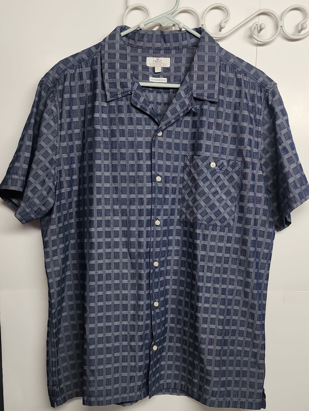 Next Resort Wear Laundered Navy Blue Grid Short-Sleeve Button-Down Shirt Size L